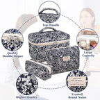 Gosect Makeup Bag Set, Quilted Makeup Bag, Large Floral Cosmetic Bag for Women, Cute Cotton Makeup Bags, Flower Travel Toiletry Organizer Bag (Black Rose Flower)
