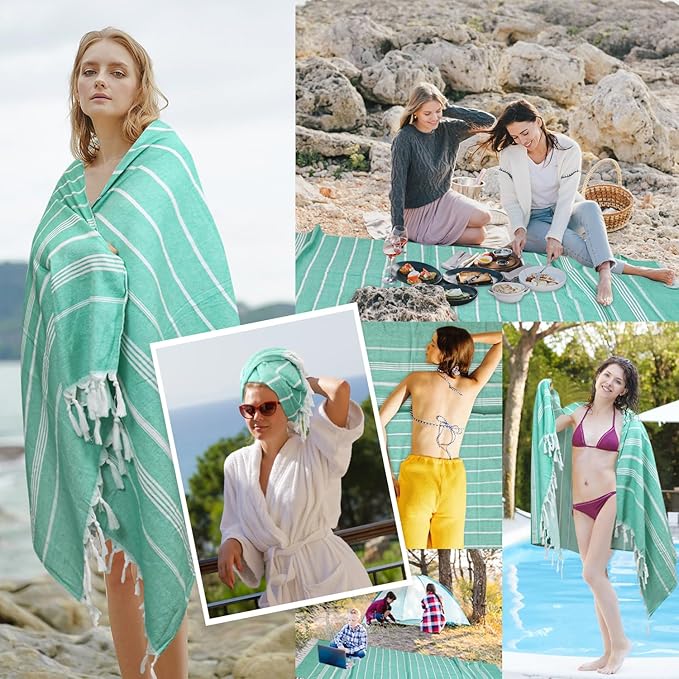 Eliamo Turkish Beach Towel Set of 6 Beach Towels Cotton Quick Dry Sand Free 36 x 71 inch Turkish Towel Oversized Lightweight Beach Towels Teal