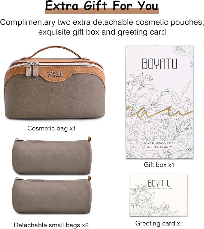 BOYATU Travel Makeup Bag Organizer Cosmetic Bag: 3 Pcs Set Make up Bags for Women with Handle - Waterproof Vegan Leather Toiletry Bags Travel Essentials Pouch with Compartments (A-02-Grey)