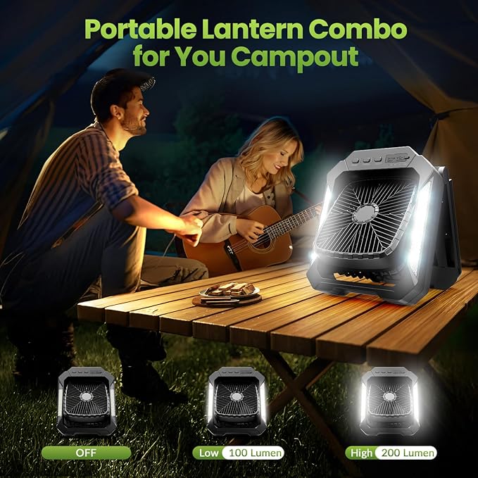 26800mAh Portable Fan Rechargeable with 18W Detachable Solar Panel, Quiet Battery Powered Camping Fan Cordless with LED Lantern,3 Speed,Timer,USB-C,for Bedroom Tent Home Office Desk Hurricane(Black)