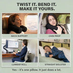 Dot&Dot Twist Memory Foam Travel Pillow for Airplanes - Travel Neck Pillow for Sleeping - Airplane Pillow for Neck Support, Chin, Lumbar and Leg - Adjustable, Bendable Neck Roll Pillow (Onyx)