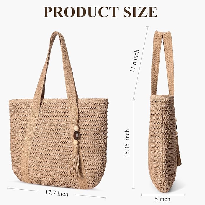 Beach Bags for Women - Straw Bag with Zipper, Soft Woven beach bag, Casual Straw Shoulder Bag for Daily Use