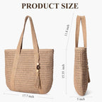 Beach Bags for Women - Straw Bag with Zipper, Soft Woven beach bag, Casual Straw Shoulder Bag for Daily Use