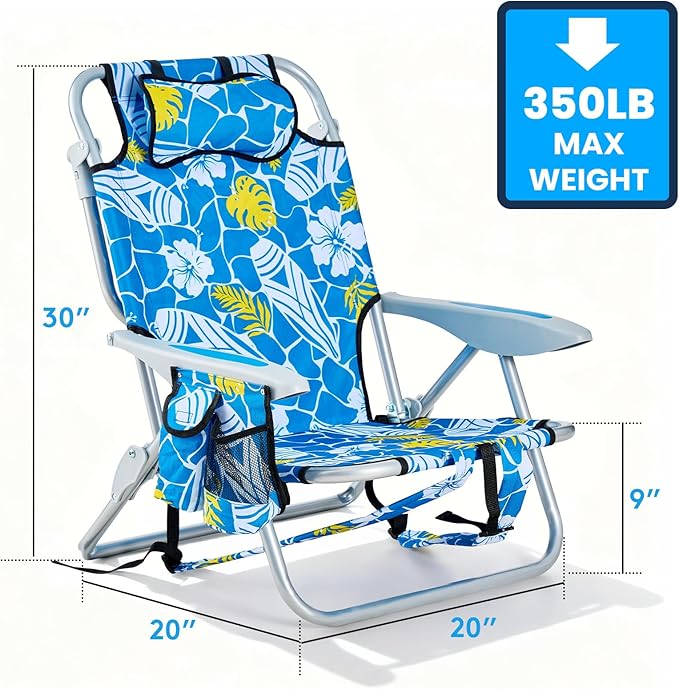 2 Pack Lightweight Portable Camping Beach Chair for Adult, Outdoor Lay Flat Folding Beach Chairs with 5 Positions, Backpack Beach Chair with Towel Bar, Zipper Pouch, Cup Holder, Hawaiian Style