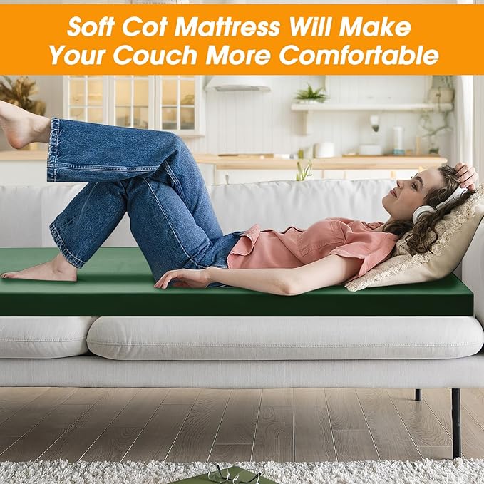CYMULA Camping Cot Mattress 2in Memory Foam Sleeping Pad,Soft Warm Non-Slip Camping Mattress Topper with Retaining for Adults,Portable Roll up Pad for Travel（only Mattress）