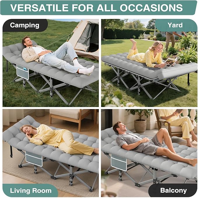 ZENPETIO Camping Cot for Adults - Heavy-Duty Cot Bed with Mattress, Portable Sleeping Cots for Outdoor Indoor, 1200D Oxford Folding Cots for Home Travel, Max Load 500LBS, Fits People up to 6'3", Gray
