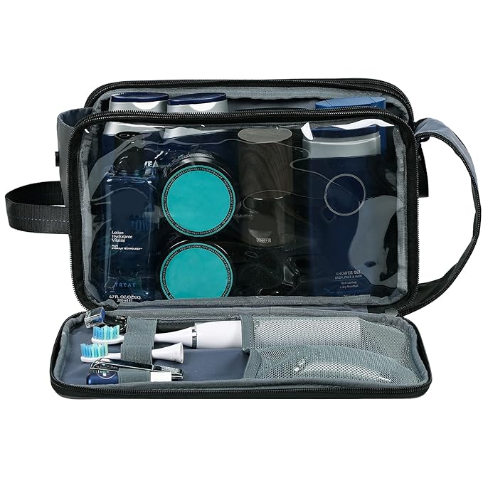 ZEEMO Travel Toiletry Bag for Men, Large Water-Resistant Double-Sided Full-Open Dopp Kit, Versatile Organizer for Shower and Hygiene Accessories, Bathroom Essentials, Cosmetics, Grey