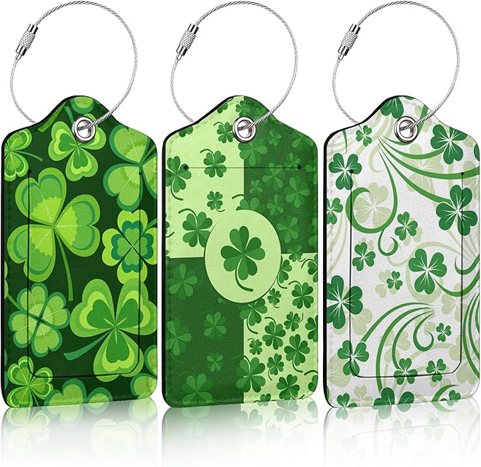3 Pack St. Patrick's Day Shamrock Luggage Tags for Suitcase Lucky Clovers PU Leather Travel Luggage Tag Privacy Cover ID Label for Women Men Baggage Backpack Handbag School Bag