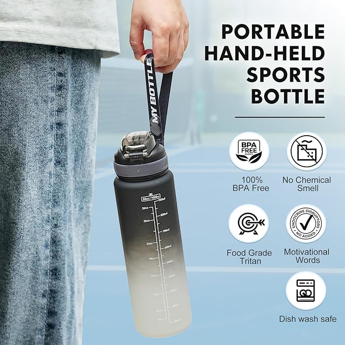 Sports Water Bottle with Straw,32 OZ Water Bottles with Time Marker for Boys and Girls,Simple Modern Water Bottle Plastic Leakproof Bpa Free,Waterbottle for Adults,School,Gym,Outdoor