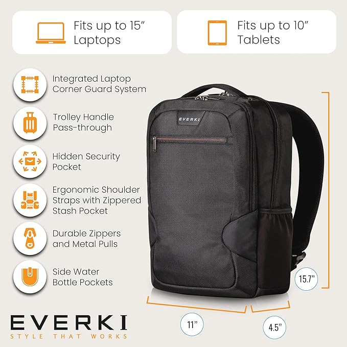 EVERKI Studio Slim Laptop Backpack for Men & Women, Lightweight & Softly Padded With Corner Protection, Trolley Handle, High Contrast Lining, Made of Recycled Materials (14 Liters Capacity)