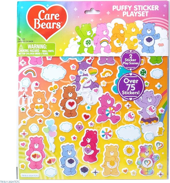 Care Bears Puffy Sticker Playset - Over 75 Reusable Stickers & 2 Play Scenes, Fun Activities, Travel Toys for Kids Ages 4-8