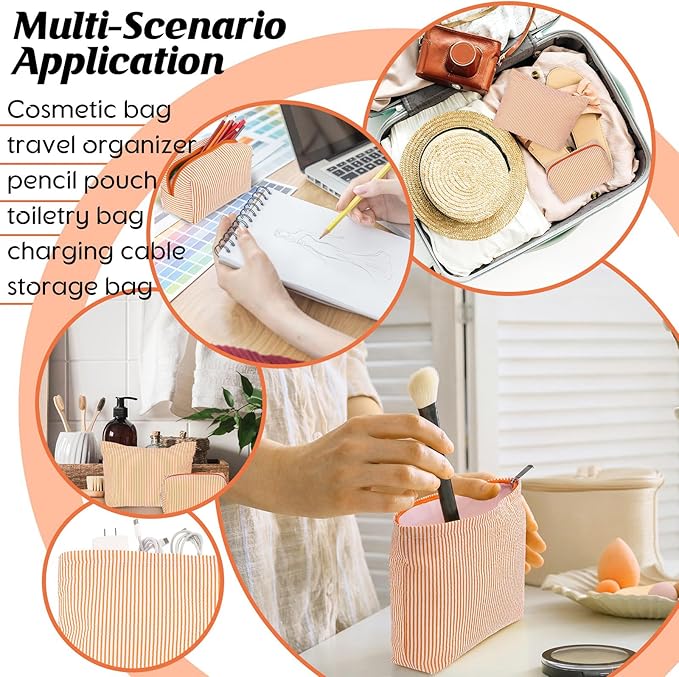 Huhumy 2 Pcs Makeup Bag Set Cute Cosmetic Pouch for Women Seersucker Travel Toiletry Bag Preppy Small Makeup Purse Pouch Aesthetic Skincare Brushes Storage Organizer for Valentine Women(Orange)
