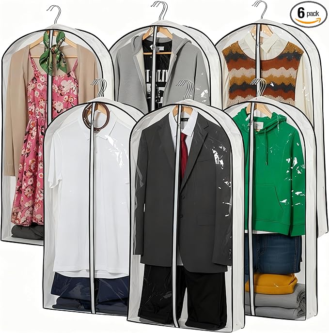 Mskitchen Hanging Clothes Storage with 4" Gusseted Garment Covers (Set of 6) - Clear Suit, Dress, Sweater, Shirt Protectors - 24"x 40"x 4" / 6 Pack