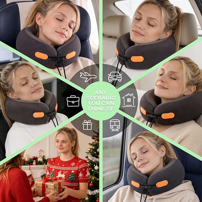 360° Support Memory Foam Travel Neck Pillow – Adjustable Fit for Airplane, Car, Train & Office | No Head Bobbing or Dropping | Firm Support for Long Flights | Carry Bag Included