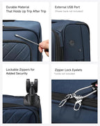 LUGGEX Carry On Luggage with Wheels, Expandable Soft Sided Rolling Suitcase with 8 Spinner Wheels & Aluminum Handle, Lightweight Travel Bag for Business Weekend Trip (UX-Core, Blue,20 Inch)