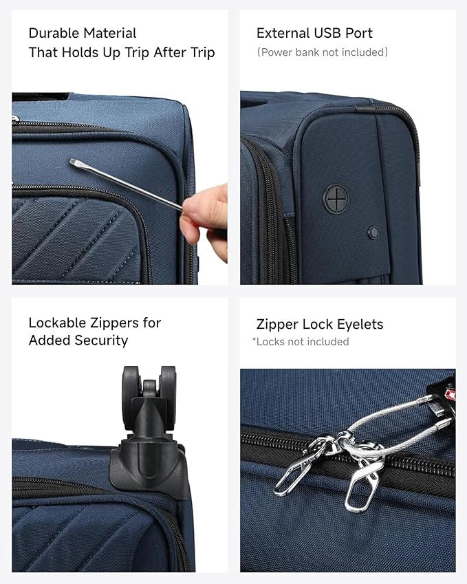 LUGGEX Carry On Luggage with Wheels, Expandable Soft Sided Rolling Suitcase with 8 Spinner Wheels & Aluminum Handle, Lightweight Travel Bag for Business Weekend Trip (UX-Core, Blue,20 Inch)