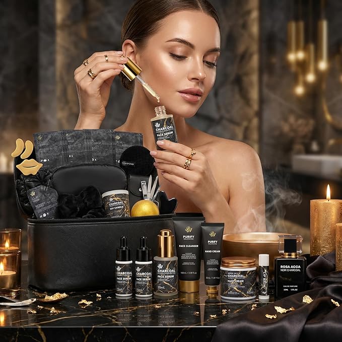 33 Pcs Mother's Day Gift, Charcoal Hydrating Skin Care Gift Set for Women & Men, Bath & Body Gift Basket Set, Home Spa Set, Leather Bag, Anniversary, Birthday, Christmas, Father's Day