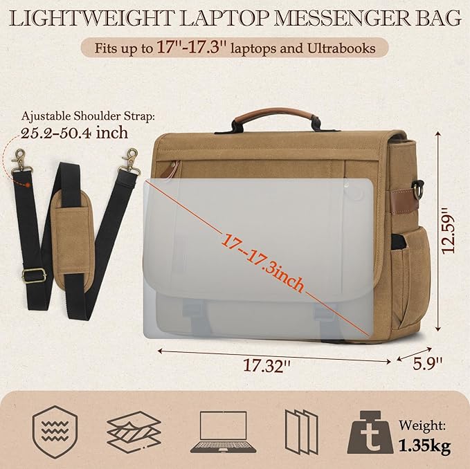 RAINSMORE Messenger Bag for Men 17-17.3 Inch Laptop Bag Water-resistant Canvas Computer Shoulder Bag Office Work Briefcase Large Casual Satchel Bags for Men Bookbag for College, Khaki