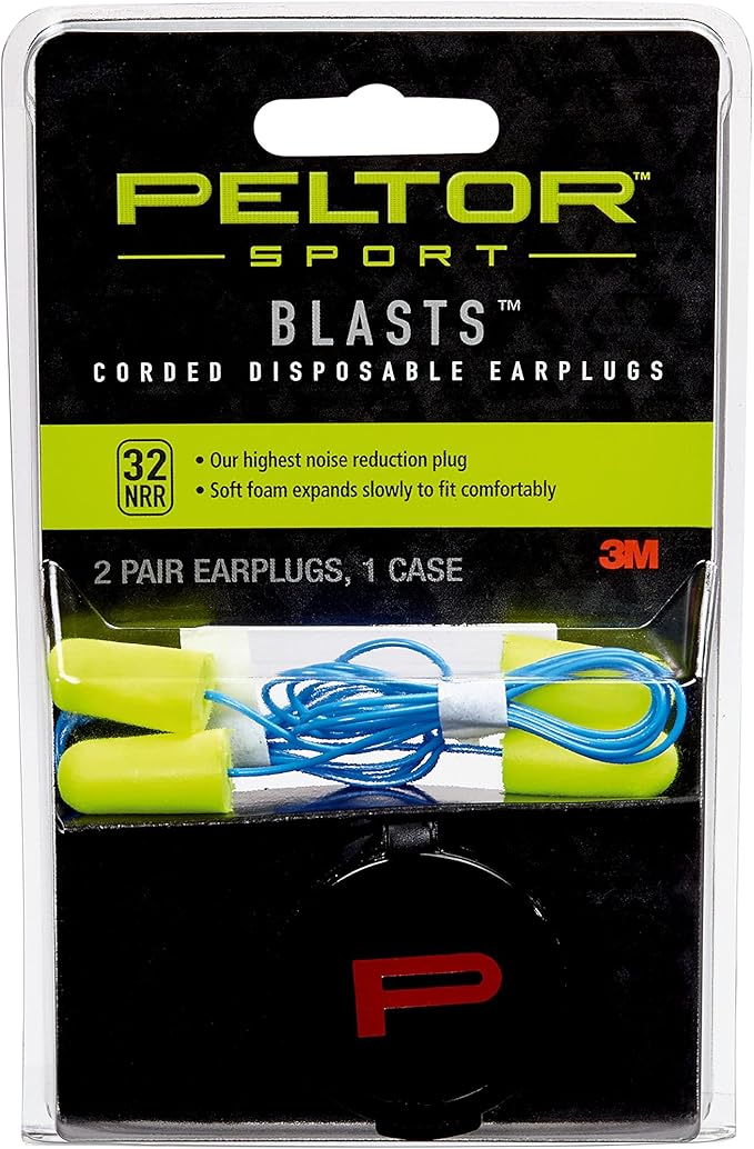 Peltor Sport Blasts Corded Disposable Earplugs 97081-10C, 2 Pair Pack, Neon Yellow