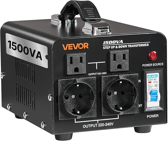 VEVOR Voltage Converter Transformer, 1500VA, Heavy Duty Step Up/Down Power Transformer, Convert from 110V to 220V and 220V to 110V, with EU Outlets, US Outlets, Power Cord, Circuit Breaker Protection