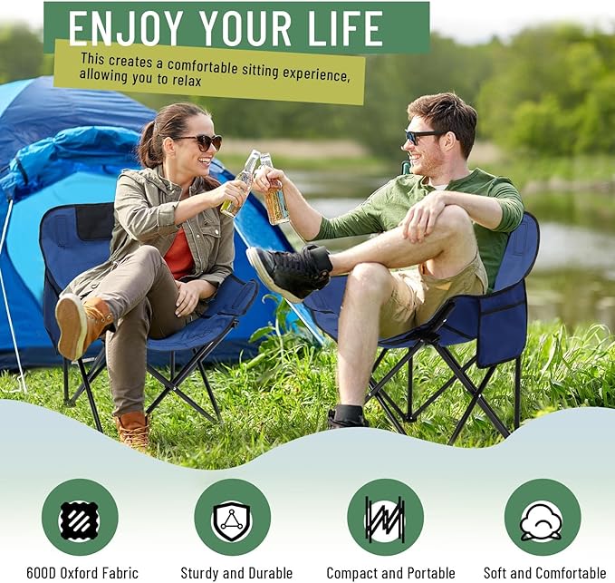 2 Pack Compact Camping Chairs Portable Folding for Outside with Carry Bag Lightweight Moon Chairs for Travel Picnic Hiking Beach Fishing, 600D Oxford, Supports 330lbs(Blue)