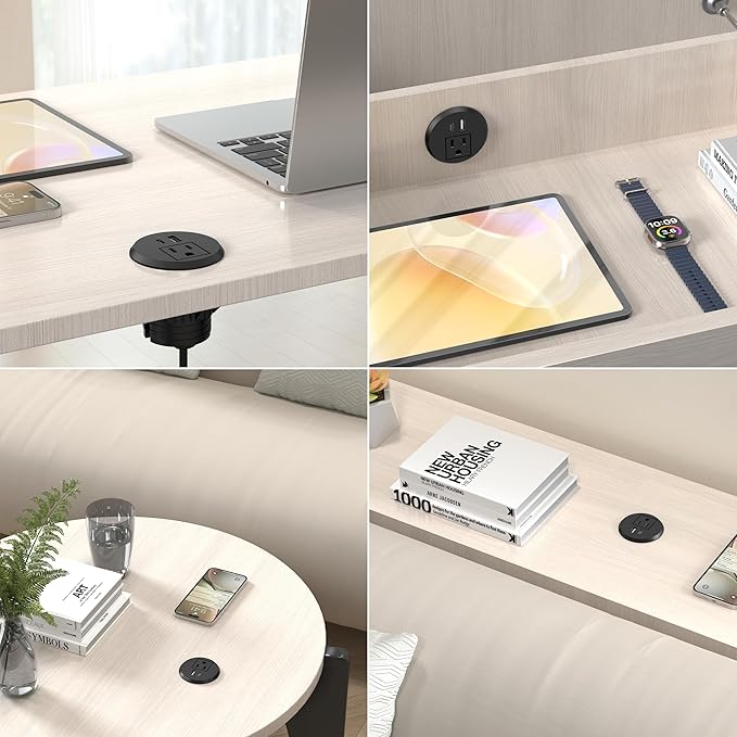 2 inch Desk Power Grommet Outlet, Flat Plug Recessed Outlet with 20W USB-C Fast Charging, for Conference Rooms, Office Tables, Furniture, 6FT Cord(ETL Listed)