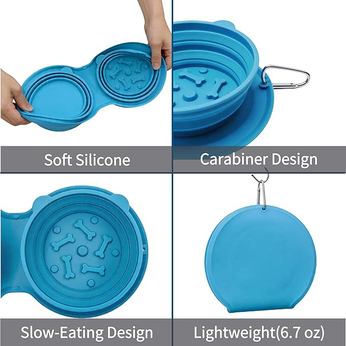 Foldable Dog Travel Bowl with Carabiner Clip, Portable Pet Water Bowl for Hiking Camping Walking, Collapsible Silicone Outdoor Dog Bowl, Space Saving Food & Water Dish for Puppy (Blue)