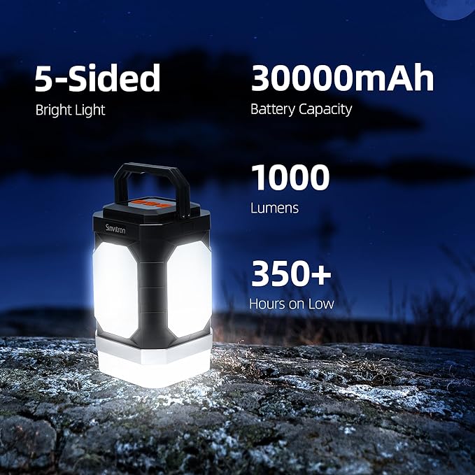 Sinvitron Camping Lantern Rechargeable–30,000mAh Portable Camping Lights, QC3.0 Fast Charging,1000 Lumens,350H Runtime,IPX5 Waterproof Emergency Light for Hurricanes,Power Outages,Camping