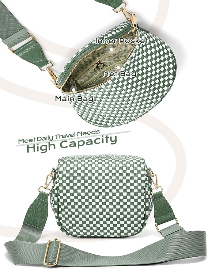 Trendy Woven Checkered Crossbody Bum Bag for Women，PU Leather Checkered Purse Fanny Packs Belt Bag (Woven Bum Bag - Bean Green White)