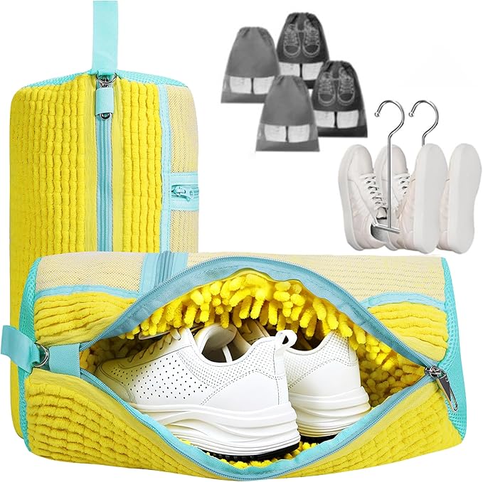 vorona Shoe Washing Machine Bag, 2PCS Reusable Shoe Bag for Washing Machine, 360° Deep Clean, Includes 4 Shoe Storage Dust Bags & 2 Drying Racks, XXL Laundry Shoe Bag for Sneakers Tennis Shoes, Yellow