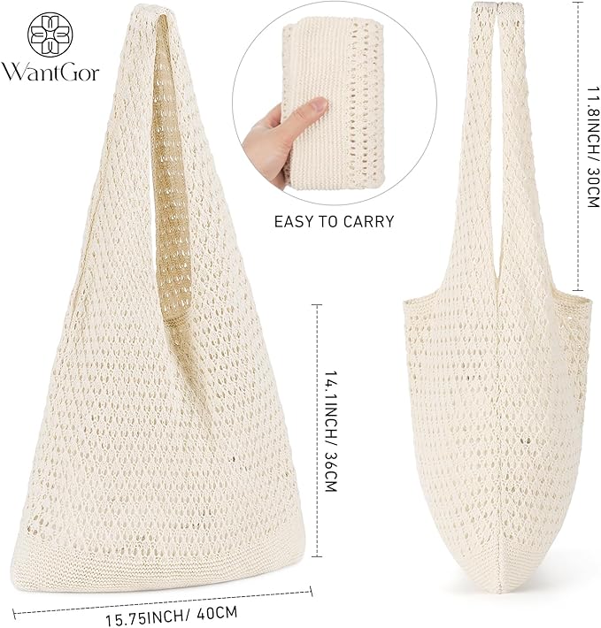 WantGor Crochet Bags, Beach Mesh Tote Bag Womens Shoulder Shopping Handbag Casual Travel Totes Bag Foldable Hobo Bags