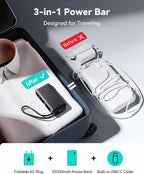 INIU 3-in-1 Portable Charger, Small 10000mah 30W Fast Charging Power Bank with Built-in USB C Cable and Foldable AC Plug, Flight Family Travel Essentials for College Students Teen Boys Girls, Green