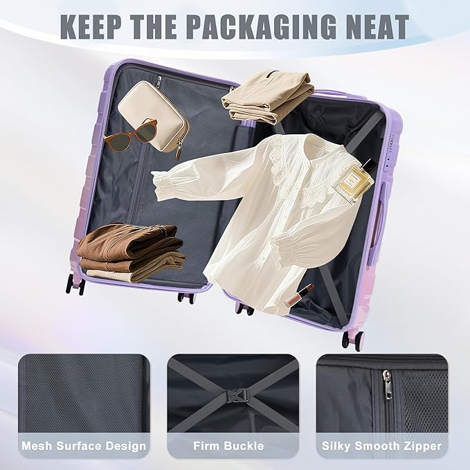 Merax Suitcase Set, Hardshell PC Luggage Sets 3 Piece with Spinner Wheels,Durable Suitcase with With Printed pattern and Combination Lock,Lightweight 20" 24" 28",Purple Pink