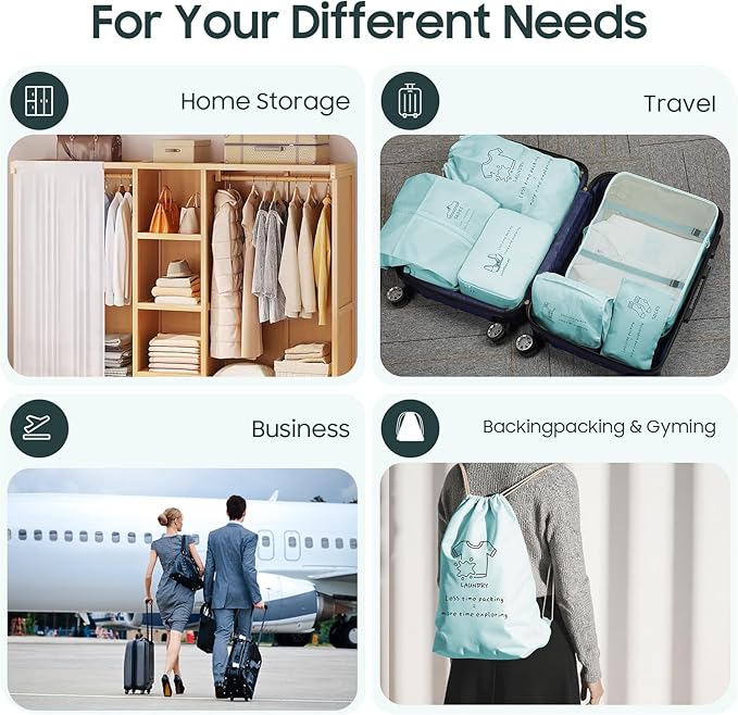 8 Set Travel Packing Organizers- Luggage Organizer for Suitcase Organization with Hanging Toiletry, Shoe & Laundry Bags, Packing Cubes for Travel Essentials, Cute Gifts for Women, Lake Blue