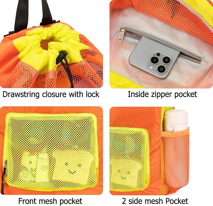 Swim Bag for Kids Mesh Beach Backpack for Boys Lightweight Drawstring Beach Bag Swimming Pool Sports Gym String Bag (Orange)