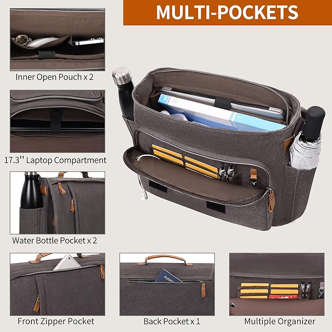 ESTARER Laptop Messenger Bag 17-17.3 Inch Water-resistant Canvas Shoulder Bag for Work College, Grey