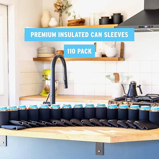 Blank Beer Can Cooler Sleeves (110-Pack) Soft Insulated Beer Can Coolies - HTV Friendly Blank Koolies in Bulk for Beer Cans & Bottles - Black Coolie Blanks for Vinyl Projects & Wedding Favors (Black)