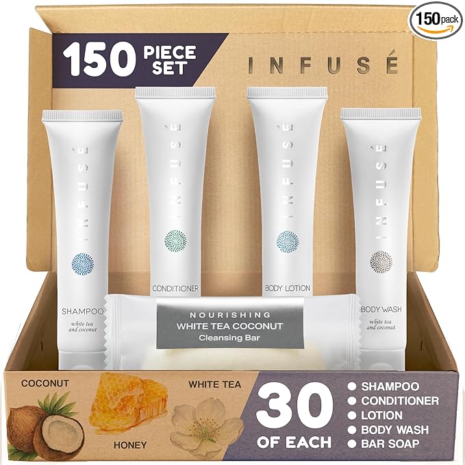 Infuse Pure White Tea and Coconut Hotel Soaps and Toiletries Bulk Set | 1-Shoppe All-In-Kit for Airbnb | 1oz Shampoo & Conditioner, Body Wash, Lotion & 1.25oz Bar Soap | Travel Size 150 Pieces