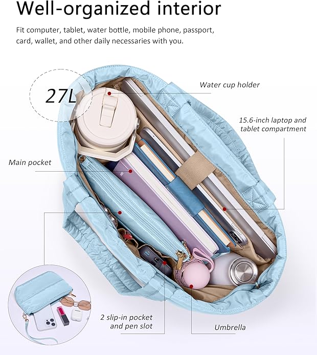 Puffer Tote Bag for Women, Lightweight Puffy Tote with Compartments, Shoulder Bag Crossbody Bags for Women Travel, Work, Gym