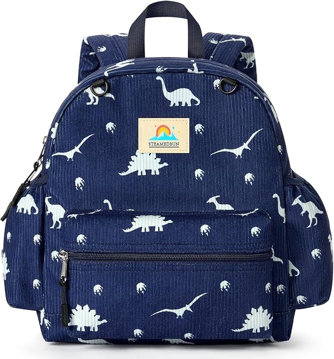 STEAMEDBUN Corduroy Toddler Backpack for Boys 2-4: Kids backpack for Boys Girls - 12 inch Preschool Kindergarten Backpacks - Dinosaur