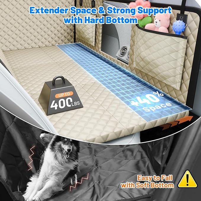 Dog Car Seat Cover for Back Seat with Hard Bottom,Waterproof Back Seat Extender for Dogs,Dog Hammock Dogs Bed for Cars, SUVs,Pet Seat Cover for Back Seat Holds 400lbs with Mesh Window & Pocket-Khaki