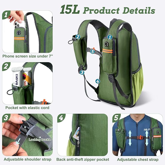 BECOJADDE 15L Small Hiking Backpack for Men Women Foldable Packable Back Pack Ultralight Hiking Daypack for Travel Camping Outdoor, Olive Green