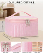 Relavel Large Makeup Bag, Portable Pink Cosmetic Bag for Girls, Dual-layer Makeup Pouch with Brush Holder, Multi-Functional Preppy Toiletry Organizer for Travel, Daily Use - Pink Strip
