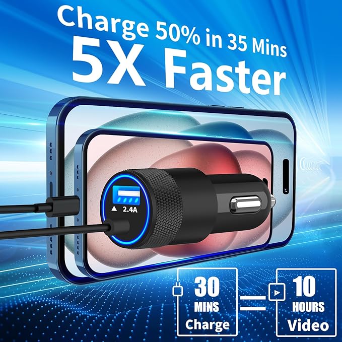 【Apple MFi Certified】iPhone 17 Car Charger Fast Charging, Caiinei 4.8A USB Power Cigarette Lighter USB C Car Charger + 6FT Type C Coiled Cord for iPhone 17/17 Air/17 Pro Max/16/15/Galaxy S25/S24/Pixel