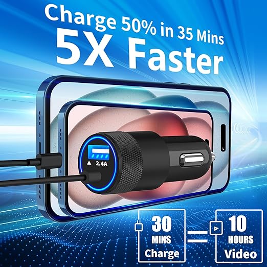 [Apple MFi Certified] iPhone 17 Car Charger Fast Charging, Braveridge 4.8A USB Power Cigarette Lighter USB-C Car Charge + 6FT Type-C Coiled Cord for iPhone 17/17 Pro Max/16 Pro/15/Galaxy S26/S25/Pixel