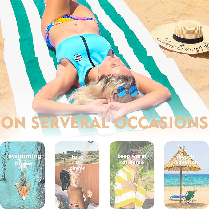 Exclusivo Mezcla 2 Pack Cotton Oversized 35x70 Inches Cabana Stripe Beach Towels, Super Absorbent Soft Plush Pool Bath Towel (Turquoise)