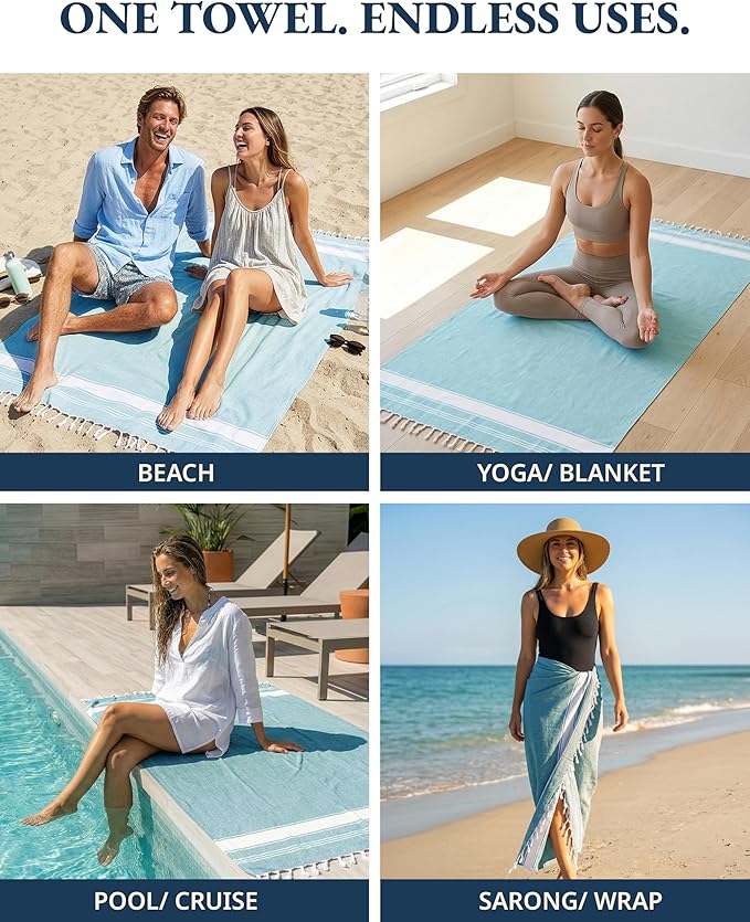 LANE LINEN Beach Towel 2 Pack, Oversized Beach Towel 39"x71", Lightweight Beach Essentials for Women, Large Pool Towel, Absorbent & Quick Dry, Sand Free Beach Towel - Aqua
