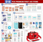 516 Piece First Aid Kit for Car, Travel & Home, FSA Eligible HSA Items - Large Professional Waterproof Compact Labeled Emergency Kit with Molle Shoulder Strap for Camping, Hiking & Survival
