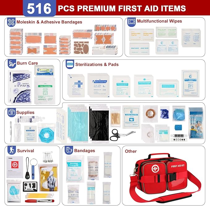 516 Piece First Aid Kit for Car, Travel & Home, FSA Eligible HSA Items - Large Professional Waterproof Compact Labeled Emergency Kit with Molle Shoulder Strap for Camping, Hiking & Survival