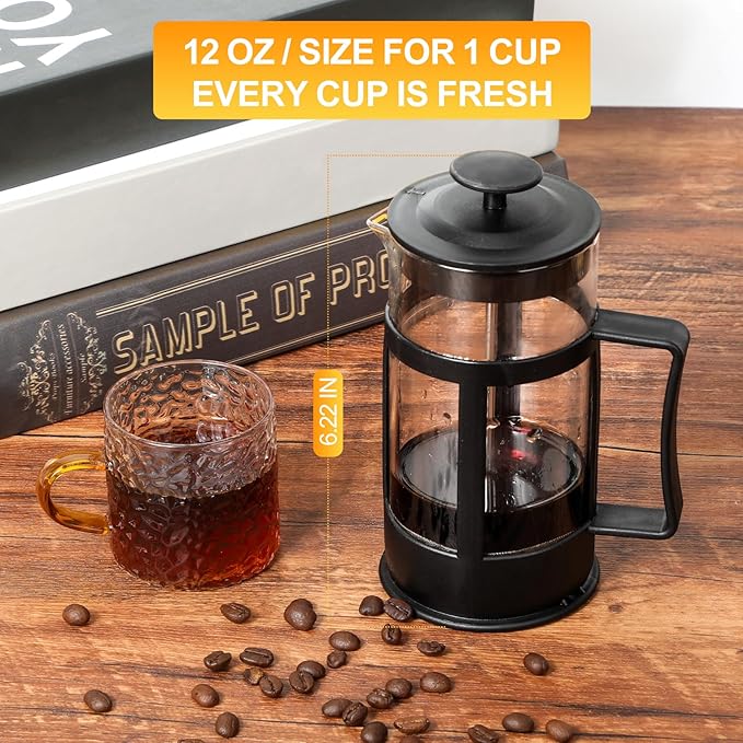 Chiallco Mini French Press Coffee Maker, Heat Resistant Thickened Borosilicate Classic Glass Stainless Steel Coffee Press, 12OZ Heat Cold Brew Coffee Pot Tea Press for Kitchen Travel Camping，Black